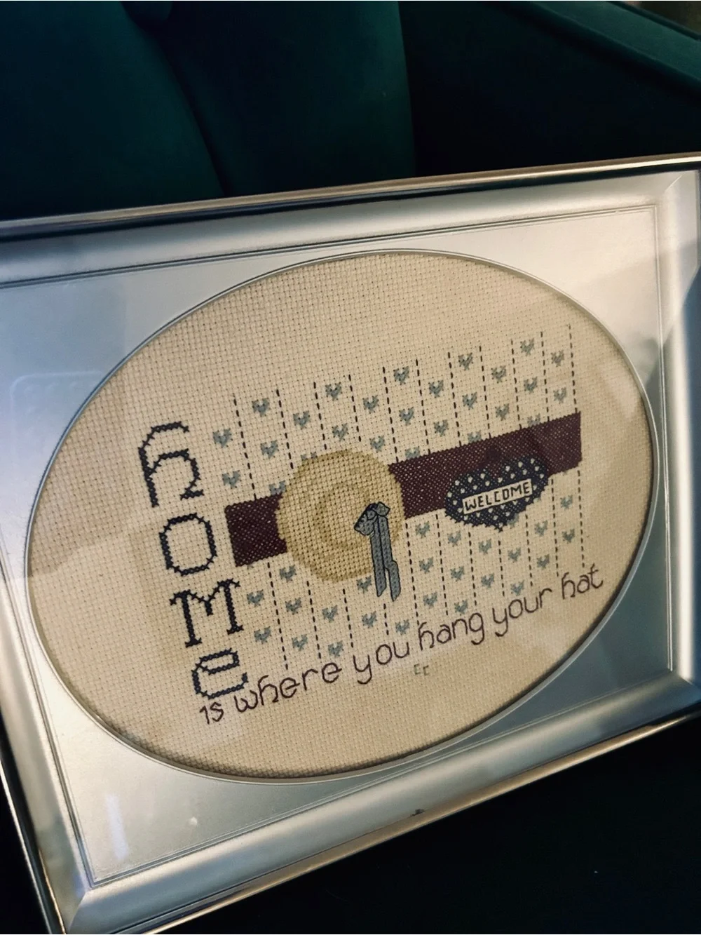 Framed Cross Stitch “Home is Where You Hang Your Hat”
